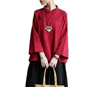 NFYM Women Spring Cotton Linen Tunic Shirts Jacquard Chinese Cheongsam Frog Button Tops Blouse, Red, One size