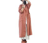 NFYM Women Vintage Cotton Linen Trench Coats Button Stand Solid Color Long Sleeve Pockets Long Jackets, Orange, One size