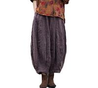 NFYM Women Wide Leg Elastic Waist Cotton Linen Distressed Patchwork Pumpkin Style Wide Leg 3/4 Length Cropped Pants, Dark Purple, One size