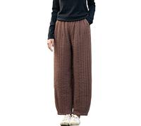 NFYM Women Winter Thick Pants Warm Quilted Cotton Linen Elastic Waist Wide Leg Capris Trousers, Coffee, One size