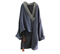 NFYM Womens Asymmetrical Shirt Textured Cotton Top Tie Wrap Chinese Zen Meditation Clothes Yoga Suit, Navy, One Size