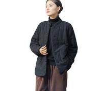 NFYM Women's Chinese Cotton Padded Coats Frog Button Down Winter Cotton Quilted Tang Suit Jackets with Pockets (US, Alpha, One Size, Regular, Regular, Black)