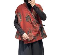 NFYM Women's Cotton Lined Gilets Flower Printed Sleeveless Vest Cardigan Spring Fall Vintage Outwear Tops (One Size, Red)