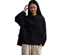 NFYM Women's Cotton Linen Blouse High Low Long Sleeve Retro Chinese Style Loose Fit Tops, Black, One Size