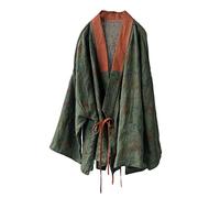 NFYM Women's Cotton Padded Short Jacket Kimono Cardigan Wrap Front Chinese Hanfu Style Printed Patchwork Loose Outwear, Green, One Size