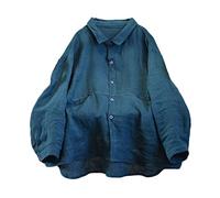 NFYM Womens Flax Linen Button Down Shirt Handmade Threading Long Sleeve Loose Fit Collared Blouse Tops with Pocket, Blue, One Size