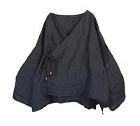 NFYM Women's Hanten Kimono Cardigan Long Sleeve Wrap Front Cotton Linen Retro Hanfu Costume Irregular Shirt Tops, Black, One Size