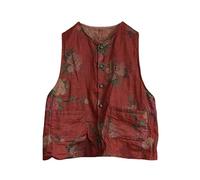 NFYM Womens Lightweight Linen Vest Handmade Knot Button Up Printed Sleeveless Blazer Jacket Tops with Pockets, Deep Red, One Size