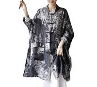 NFYM Women's Long Jacket Thin Kimono Vintage Chinese Frog Button Cape Trench Pockets Linen Blouse Loose Long Shirt Dresses, Black Floral, One size