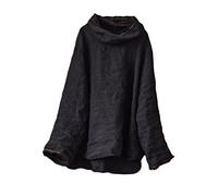 NFYM Womens Long Sleeve Linen Peasant Tops High Low Mock Turtleneck Handmade Stitch Casual Loose Shirts, Black, One Size