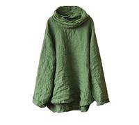 NFYM Womens Long Sleeve Linen Peasant Tops High Low Mock Turtleneck Handmade Stitch Casual Loose Shirts, Green, One Size