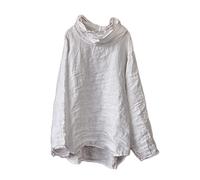 NFYM Womens Long Sleeve Linen Peasant Tops High Low Mock Turtleneck Handmade Stitch Casual Loose Shirts, White, One Size