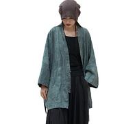 NFYM Women's Long Sleeve Open Front Kimono Hanten Jacket Cotton Linen Vintage Tie Dye Hanfu Self-Tie Cardigan Outerwear, Green, One size