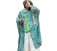 NFYM Women's Long Slim Jacket Kimono Vintage Chinese Frog Button Cape Trench Pockets Blouse Linen Loose Long Shirt Dresses, green, One Size
