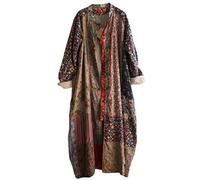 NFYM Women's Trench Coat Long Cotton Linen Floral Print Jacket Cottagecore Clothing Patchwork Outwear Each Piece Unique, Vintage, One size