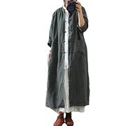 NFYM Women's Vintage Cotton Linen Trench Coats Button Stand Plain Long Sleeve Pockets Long Jackets, olive green, One Size