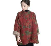 NFYM Women's Wealth Floral Pattern Stand Collar Chinese Jacket Traditional Frog Button Cheongsam Style Loose Padded Coat, Red Flower, One Size Plus