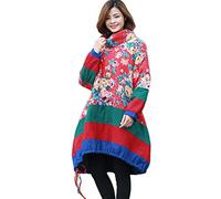 NFYM Women's Winter Outwear Warm Quilted Turtleneck Long Sleeve Jacket Pullover Cotton Linen Tunic Parka Tops, Red Flower, One Size