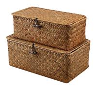 Ngbbby 2 PCS Storage Basket with Lid 10x6x4 & 9x5x3 Wire-Fixed Seagrass Woven Basket with Wooden Lock