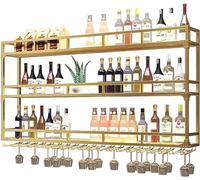 NGDFGR Modern 3 Tier Metal Wall Mounted Floating Shelf With Led Light Glass Holder And Bottle Display Shelves For Home Bar And Kitchen Black,Gold-100X25X90cm/39.4X9.8X35.