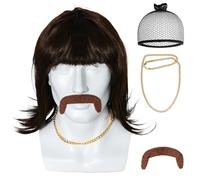 Ngdhkd 4pcs Set 70s 80s Disco Wig with Mustache Chain Mens Mullet Wig for 60s Singer Rocker Hippies Costume for Halloween Disco Party Cosplay Costume Accessories