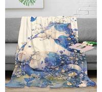 NGGADIWEG 3D Printed Cute cat sleeping Thermal Blanket Microfiber Soft Cosy Bedding Warm Blue floral art Blanket Premium Gift for Christmas Thanksgiving 40x50inch(100x130cm)
