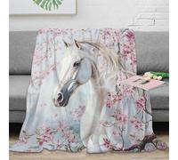 NGGADIWEG 3D Printed White horse Blanket Microfiber Warm Soft Bedding Cosy Spring blossoms art Lounge Throw Premium Gift for Anniversary Wedding Birthday Celebrations 50x60inch(127x152cm)