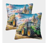 NGGADIWEG Tractor Hauling Hay 3D Printed Pillow Covers Home Decorative Personalise Square Rural Farm Scene Style Cushion Cover Set of 2 for Kids Women Men Teen Girls Boys Gifts 45x45cm