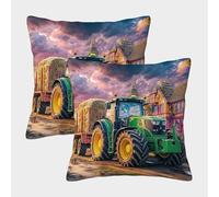 NGGADIWEG Tractor Hauling Hay 3D Printed Pillow Covers Throw Pillow Home Decorative Personalise Square Rural Countryside Scene Cushion Cover Set of 2 for Kids Women Men Teen Girls Boys Gifts 50x50cm