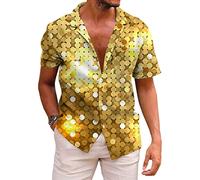NGGBBDYGB Men's 70's Disco Shirt Vintage Button Up Shirts Short Sleeve Yellow