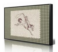 nghtuiyocw Western Cowboy Canvas Wall Art, Green Plaid Cowboy Rodeo Aesthetic Poster, Vintage Giddy Up Horse Print, Mid Century Southwestern Picture for Bedroom Living Room 8x12in Unframed