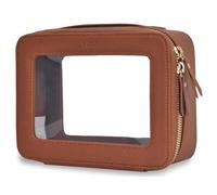NGIL Clear Faux Leather Travel Toiletry Bag, Makeup Bag Organizer for Women, Clear Window & Gold Zipper Makeup Bag, Road Trip Essential, Skincare, Cruise Ship Essentials (Brown)