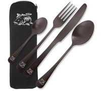 NGT 4pc Stainless Steel Cutlery Set with Neoprene Case - Fork, Table Knife, Spoon & Teaspoon - Durable Matt Finish Outdoor Dining Kit for Fishing, Camping & Travel