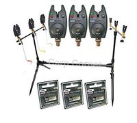 NGT Carp Fishing Rod Pod 3x Black Bite Alarms With Volume Control 3x Indicator Swingers & Rests