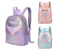 NGTSFLY Personalised Backpack with Embroidered Name for Kids Customized Toddler Bag for Girls Rucksack for Travel Kindergarten Preschool Elementary Mermaid Fishtail (Purple)