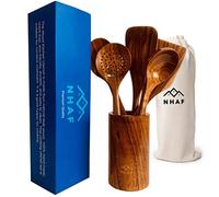 NHAF Premium Brown Teak Wooden Spatula for Cooking, 6-Piece Rustic Wooden Cooking Spoons Set, Teak Utensils for Cooking, Kitchen Utensil Set with Canvas Bag