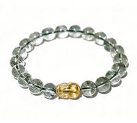 NHDVDVAV Handmade Green Phantom Crystal Bracelet with Golden Rutilated Quartz Pixiu Pendant,Natural Stone Bead Stretch Bracelets for Women Jewelry Gift,length 15cm