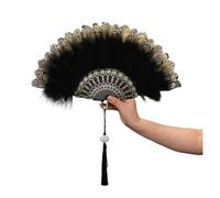 NHEISSCF Feather fan, Soft Close Gas Spring, Feather Folding Fan With Pendant Handheld(Black With Pendant)
