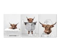 Nhemeylp 3PCS Funny Bathroom Wall Art Decor Waterproof Highland Cow Canvas 20 x 25cm Cute Highland Cow Pictures for Walls Animals Humor Abstract Prints for Bedroom Kids Room (Style B)