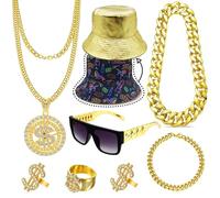 NHJK Retro 80s 90s Hip Hop Costume Kit 8 Pieces Faux Gold Chains Dollar Rings necklace Old School Rapper Sunglasses Reversible Bucket Hat Cosplay Party Bar Vintage Accessories Bundle for Men Women