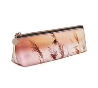 NHKDY Pink Landscape Reed Pencil Case Leather Pencil Pouch Portable Cosmetic Bag Triangle Pen Bag Storage Bag for Work Office Travel
