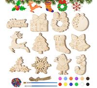 NHOWIN 60 PCS Christmas Crafts, 12 Different Shapes Unfinished Wooden Christmas Tree Decorations Wooden Christmas Ornaments, Hanging Christmas Decorations Wood Slices with 70 Ropes, Bells, 12 Paints
