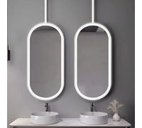 NHPJFDC Bathroom Hanging Mirror with LED Lights, White Metal Frame Vanity Makeup Shaving Mirrors, Ceiling Wall-Mounted Rod Mirrors, 3 Colours Dimmable(50cmx70cm)