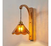 NHPJFDC Bohemian Style Wall Sconce, Wooden Wall Lamp with Amber Glass Lampshade, Adjustable Pendant Wall Light, E27 Lighting Fixture, Retro Country Pendant Lights Wall Lamps(Wood Color)
