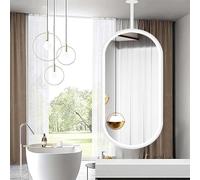 NHPJFDC LED Bathroom Mirrors for Wall, Oval Ceiling Mounded Hanging Lighted Mirror for Vanity Makeup Shaving, White Metal Framed Floating Suspended Mirror(50cmx70cm)