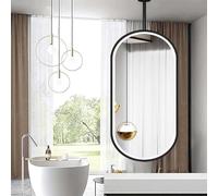 NHPJFDC LED Lighted Mirror for Bathroom Wall Mounted, Suspended Dimmable Vanity Mirror with Lights, Oval Ceiling Hanging Mirrors Black Metal Framed(40cmx70cm)