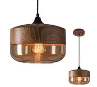 NHPJFDC Modern Pendant Light,Retro Industry Glass Pendant Light,Metal Wood Grain Finish Pendant Lighting,Kitchen Island Pendant Lighting, Amber Glass Shade Ceiling Light Fixture,Brown,25.4cm/10in