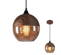 NHPJFDC Modern Pendant Light,Retro Industry Glass Pendant Light,Metal Wood Grain Finish Pendant Lighting,Kitchen Island Pendant Lighting, Amber Glass Shade Ceiling Light Fixture,Brown,20.2cm/7.9in