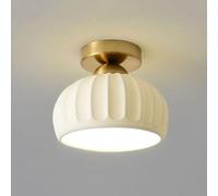 NHPJFDC Modern Semi Flush Mount Ceiling Light Fluted White Ceramic Shade Ceiling Lamp with Tri Color Gold Brass Base Flushmount Fixture for Hallway Entryway Bedroom Foyer Lighting E26