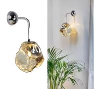 NHPJFDC Modern Wall Sconce with Irregular Amber Glass Shade, Mid-Century Pendant Wall Lamp Fixture, Molten Glass Sconce Lighting with Chrome Finish for Bedroom, Living Room, Hallway, E27 Base(Gold)